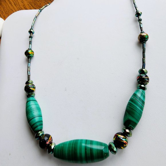 One of a Kind Malachite Necklace with Vintage-Made Malachite & Porcelain Beads - Picture 3 of 4